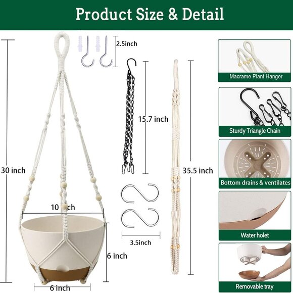 Hanging Planters for Indoor Plants, 2 Pack 10 Inch Self Watering Pots with Macra - Picture 3 of 7
